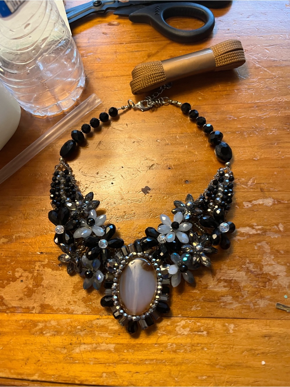 Statement Floral Bib Necklace - Black and White